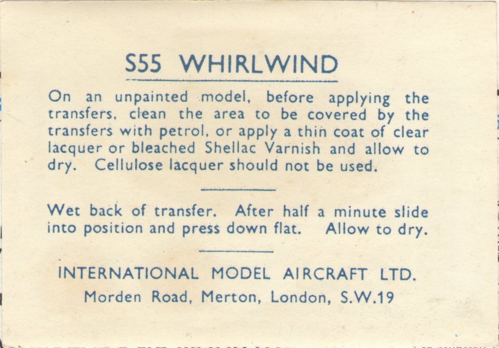 FROG 322P Westland S55 Whirlwind, IMA, 1956 waterslide transfers, decal sheet backing